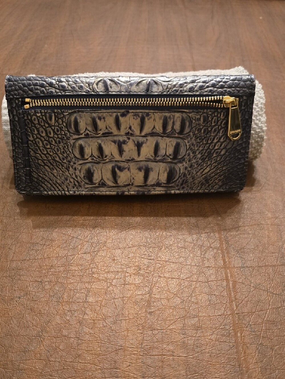 Brahmin Metallic Gray And Blue Croc-Embossed Wallet with Gold Plate - Picture 2 of 16
